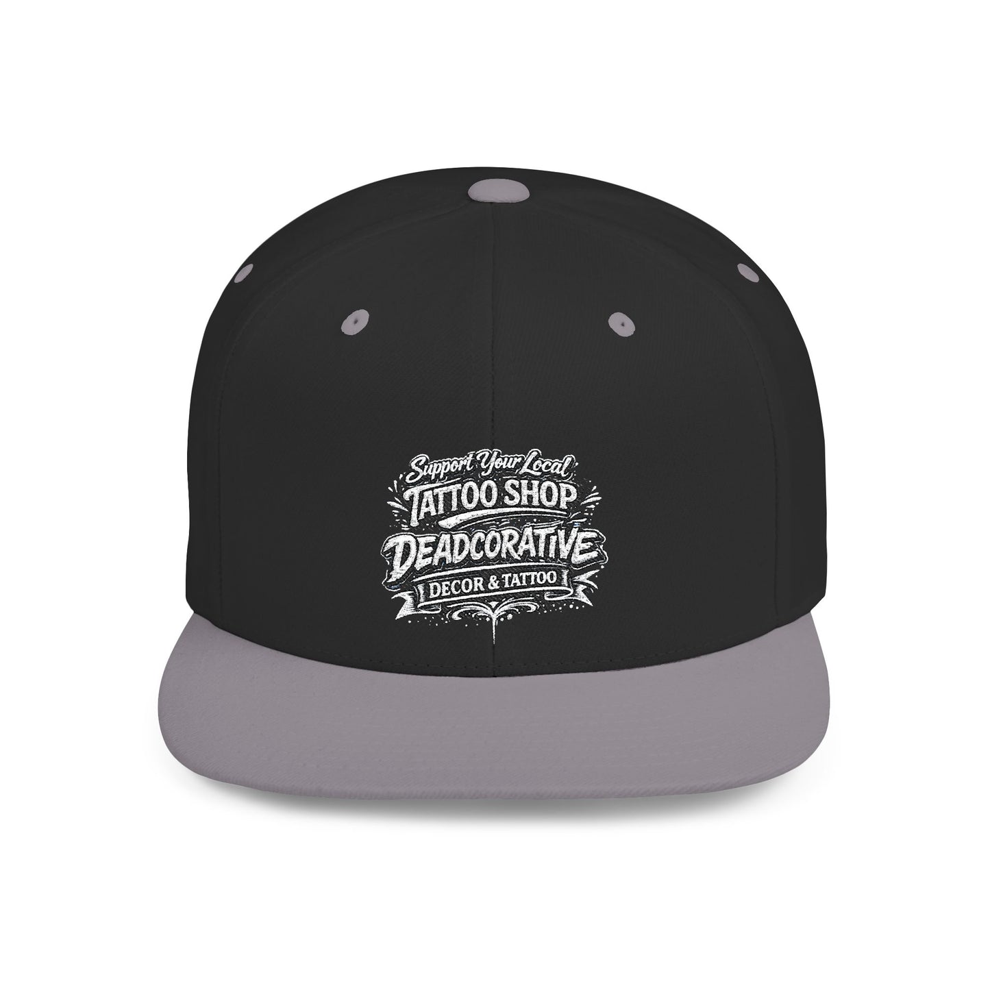 ‘Support Your Local Tattoo Shop’ Flat Bill SnapBack Hat - Deadcorative Graphic SnapBack