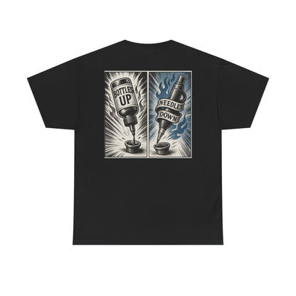'Bottle Up / Needle Down'  Tee — Deadcorative Graphic T-Shirt