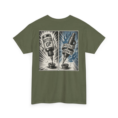 'Bottle Up / Needle Down'  Tee — Deadcorative Graphic T-Shirt