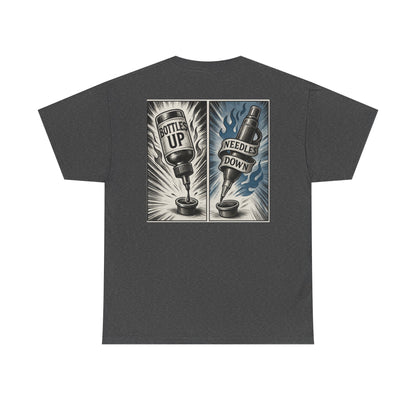 'Bottle Up / Needle Down'  Tee — Deadcorative Graphic T-Shirt