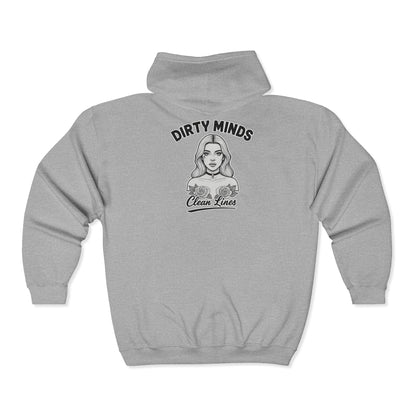 'Dirty Minds, Clean Lines' Zip Hoodie — DeadCorative Graphic Jacket