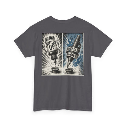 'Bottle Up / Needle Down'  Tee — Deadcorative Graphic T-Shirt