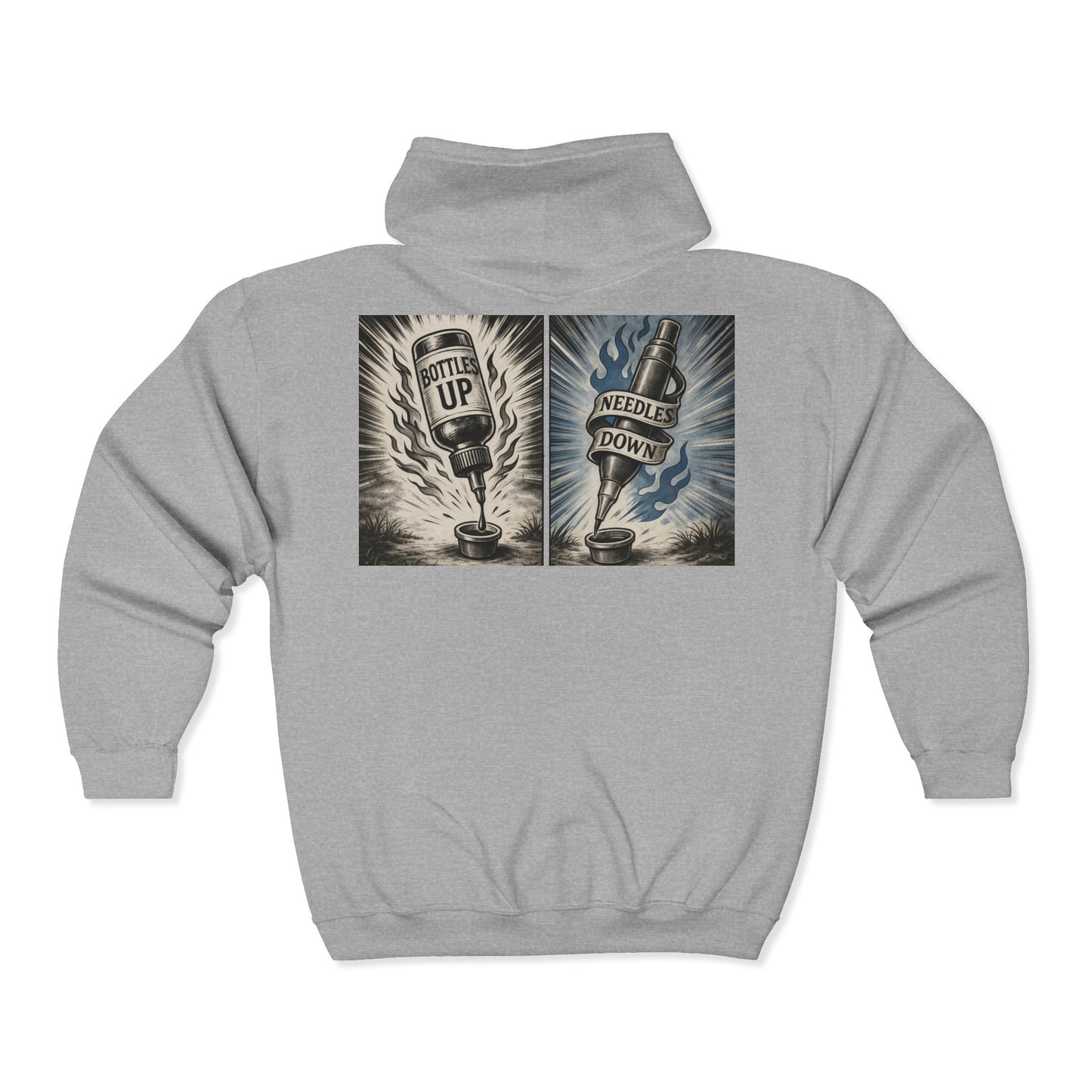 'Bottles Up, Needles Down' Full-Zip Hooded Sweatshirt - DeadCorative Graphic Zip-Up Jacket