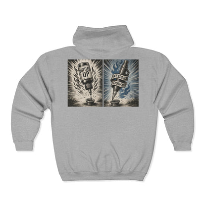 'Bottles Up, Needles Down' Full-Zip Hooded Sweatshirt - DeadCorative Graphic Zip-Up Jacket