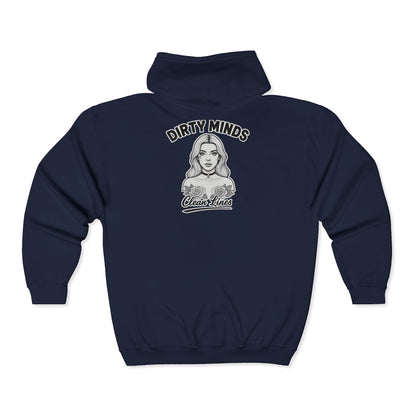 'Dirty Minds, Clean Lines' Zip Hoodie — DeadCorative Graphic Jacket