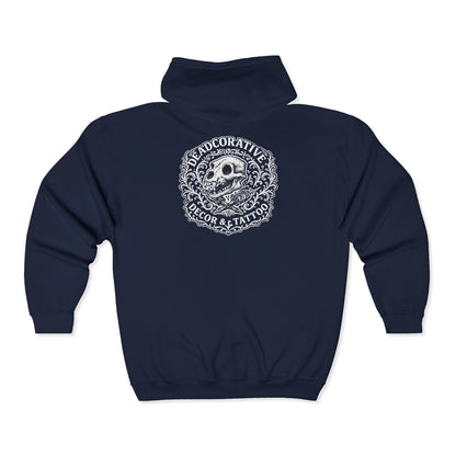 DeadCorative Logo Zip Hoodie — Decorative Graphic Full‑Zip Hooded Sweatshirt