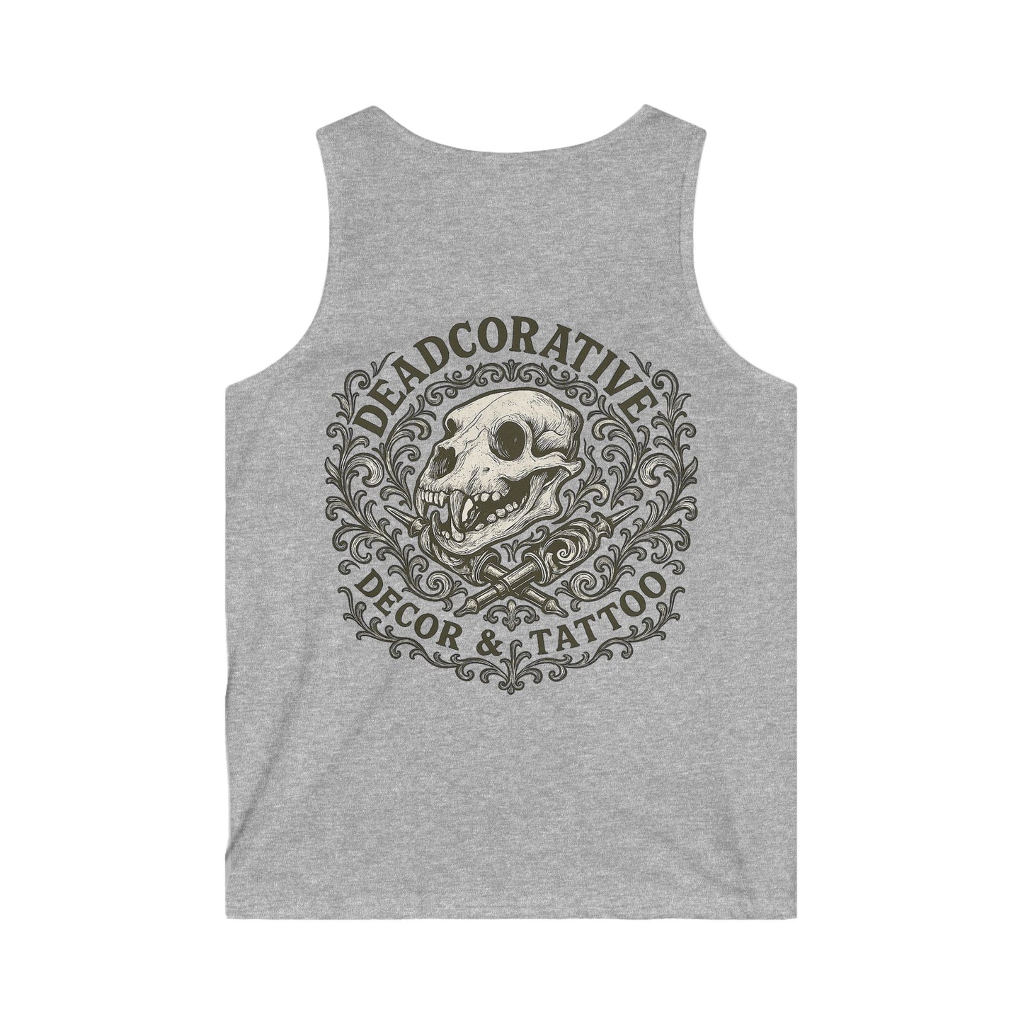 Tank Top — 'Deadcorative Decor & Tattoo' Gothic Skull Chest & Back Graphic