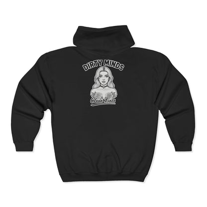 'Dirty Minds, Clean Lines' Zip Hoodie — DeadCorative Graphic Jacket