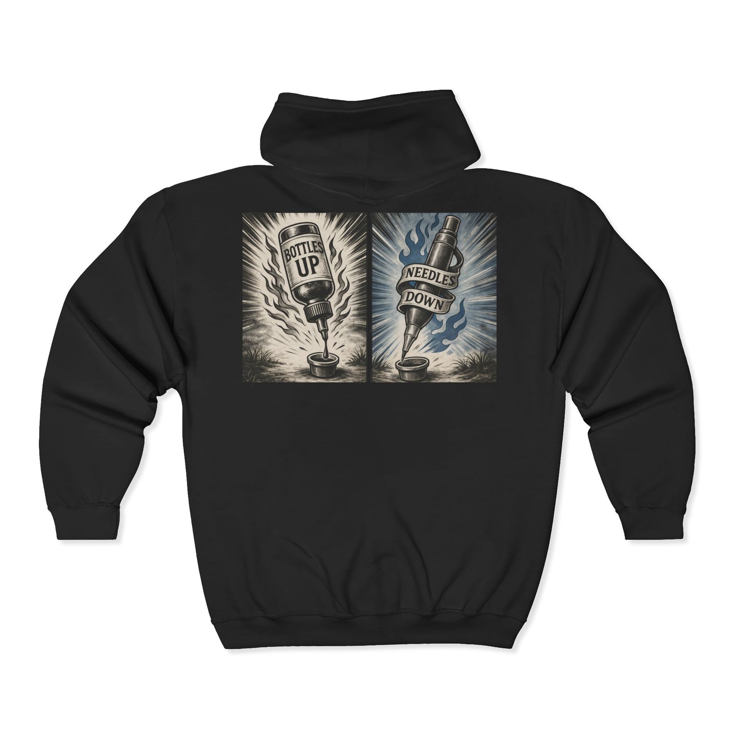 'Bottles Up, Needles Down' Full-Zip Hooded Sweatshirt - DeadCorative Graphic Zip-Up Jacket