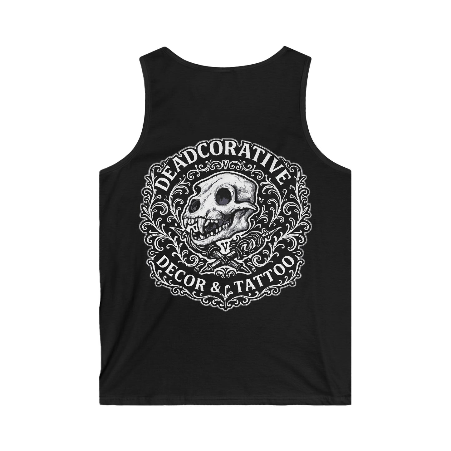 Tank Top — 'Deadcorative Decor & Tattoo' Gothic Skull Chest & Back Graphic
