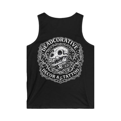 Tank Top — 'Deadcorative Decor & Tattoo' Gothic Skull Chest & Back Graphic