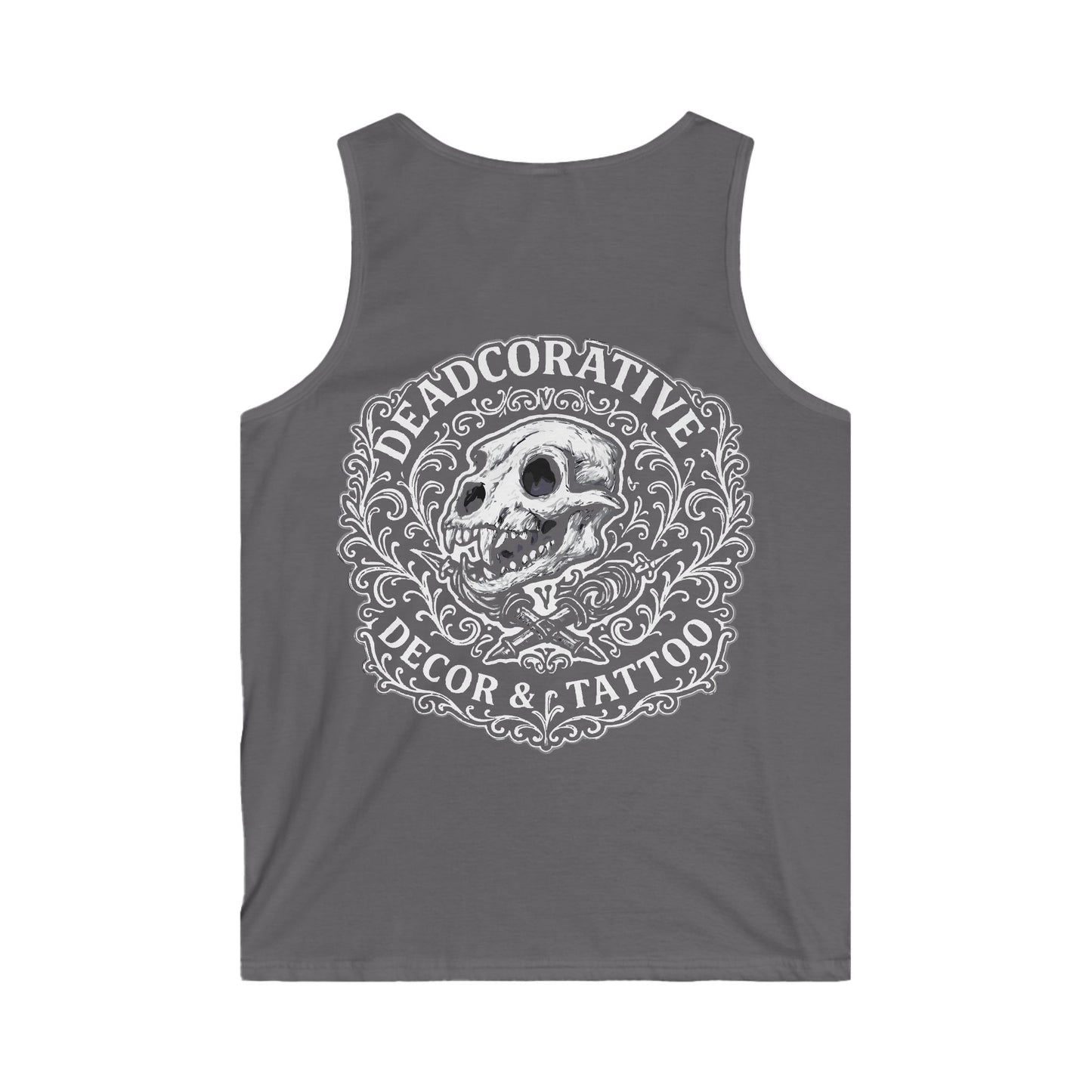 Tank Top — 'Deadcorative Decor & Tattoo' Gothic Skull Chest & Back Graphic