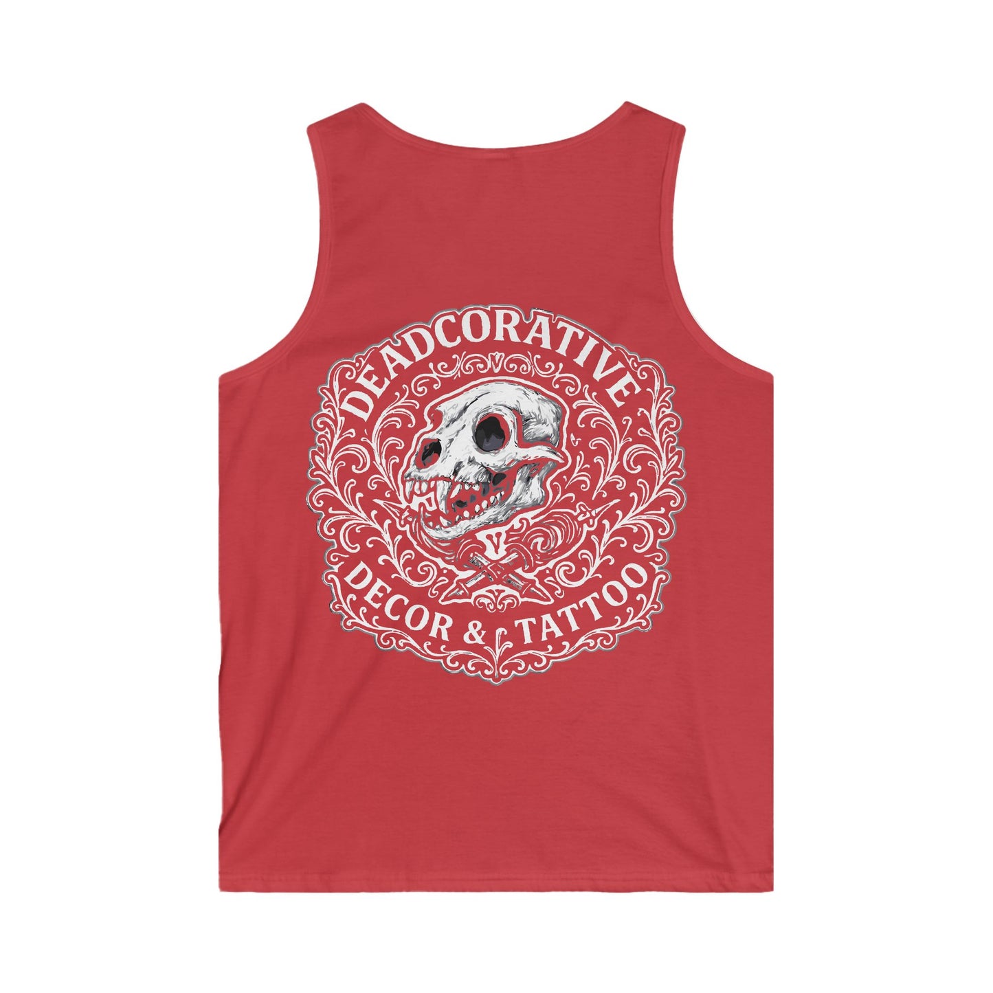 Tank Top — 'Deadcorative Decor & Tattoo' Gothic Skull Chest & Back Graphic