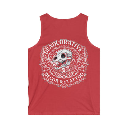 Tank Top — 'Deadcorative Decor & Tattoo' Gothic Skull Chest & Back Graphic