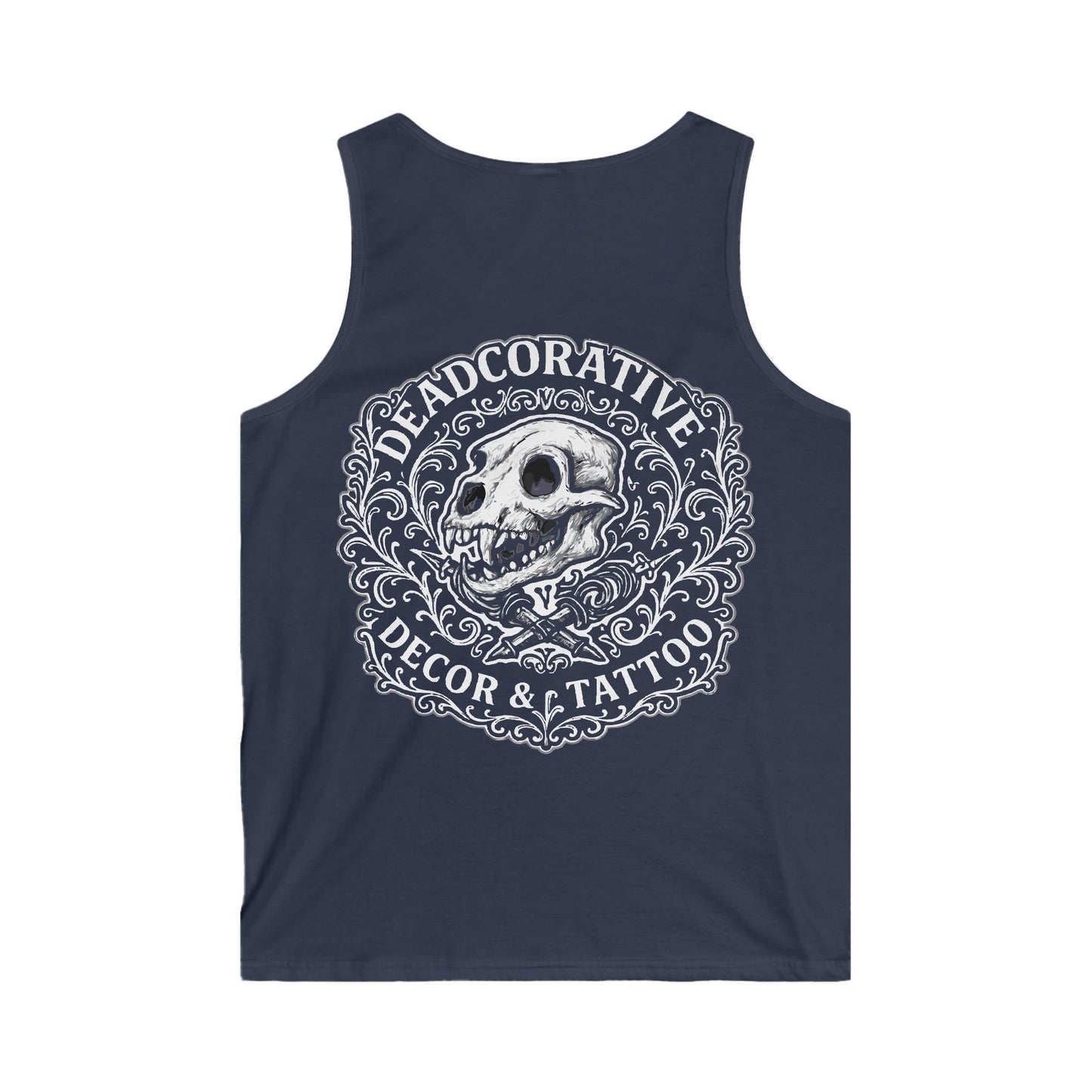 Tank Top — 'Deadcorative Decor & Tattoo' Gothic Skull Chest & Back Graphic