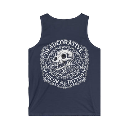 Tank Top — 'Deadcorative Decor & Tattoo' Gothic Skull Chest & Back Graphic