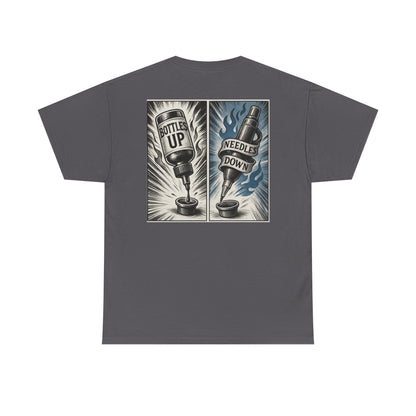 'Bottle Up / Needle Down'  Tee — Deadcorative Graphic T-Shirt