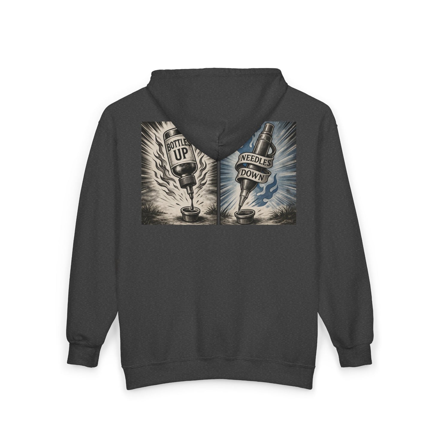 'Bottles Up, Needles Down' Full-Zip Hooded Sweatshirt - DeadCorative Graphic Zip-Up Jacket