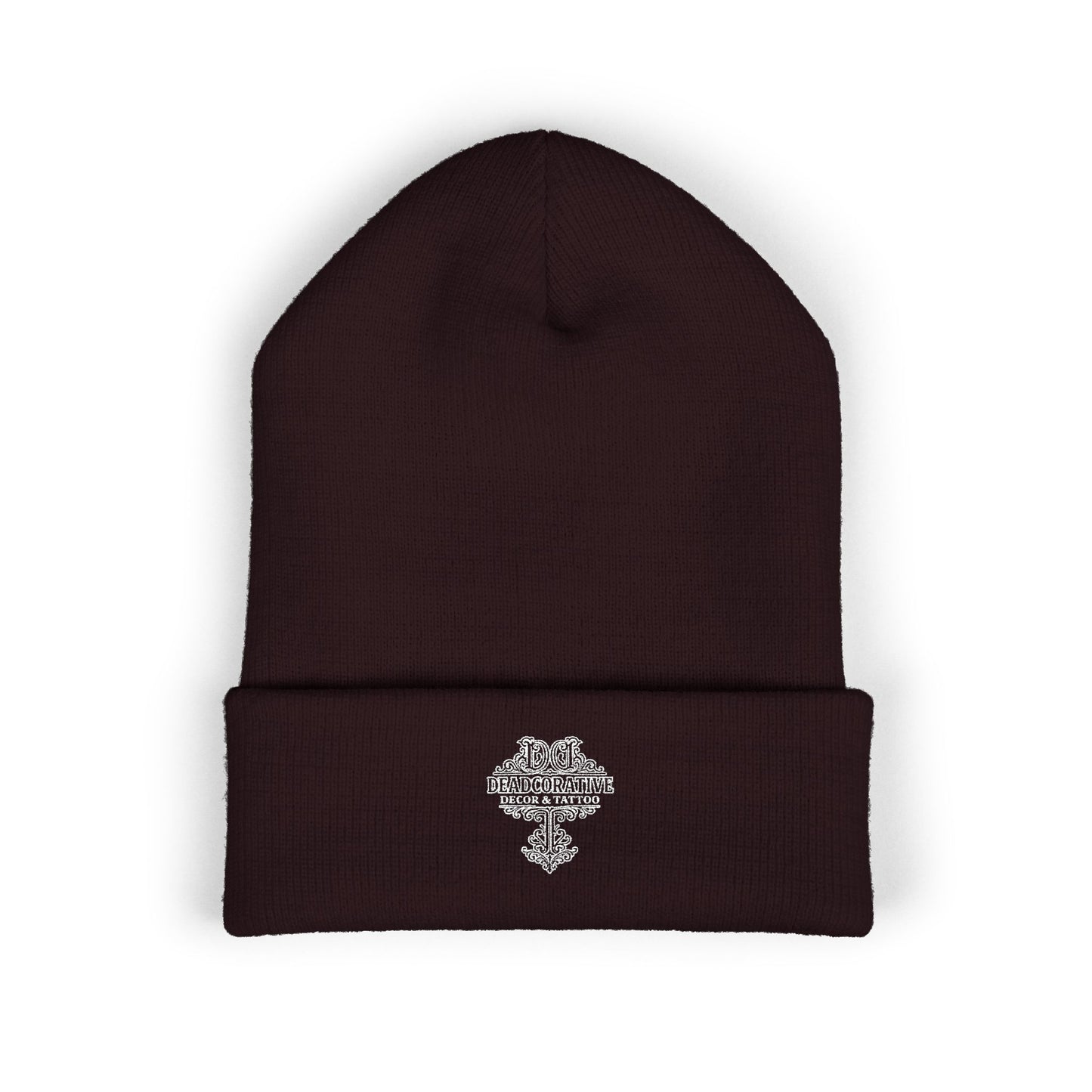 Embroidered 'Deadcorative' Classic Cuffed Beanie — Minimal Logo Knit Hat