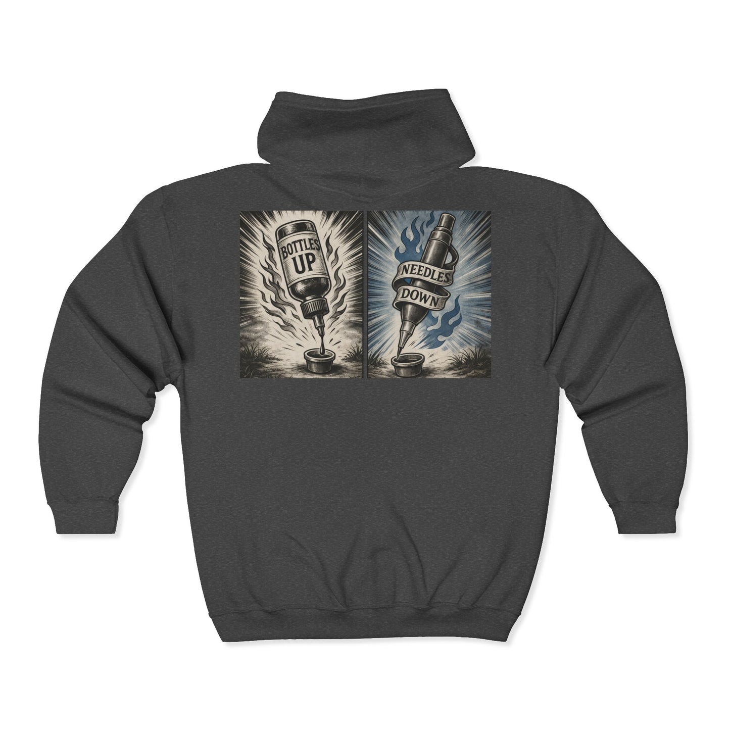 'Bottles Up, Needles Down' Full-Zip Hooded Sweatshirt - DeadCorative Graphic Zip-Up Jacket