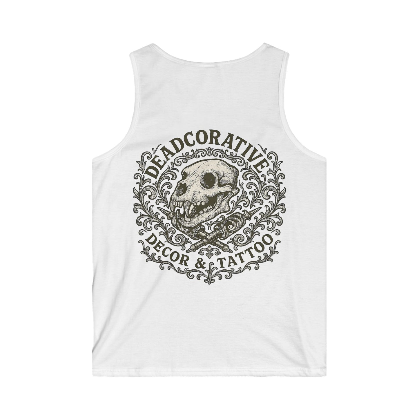 Tank Top — 'Deadcorative Decor & Tattoo' Gothic Skull Chest & Back Graphic