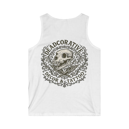 Tank Top — 'Deadcorative Decor & Tattoo' Gothic Skull Chest & Back Graphic